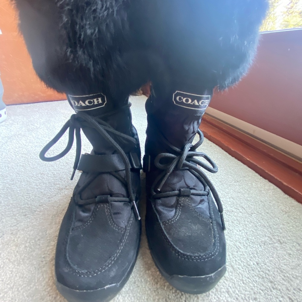Black Coach fuzzy ankle boots, side zipper,  front clasp & ties Size 6 1/2